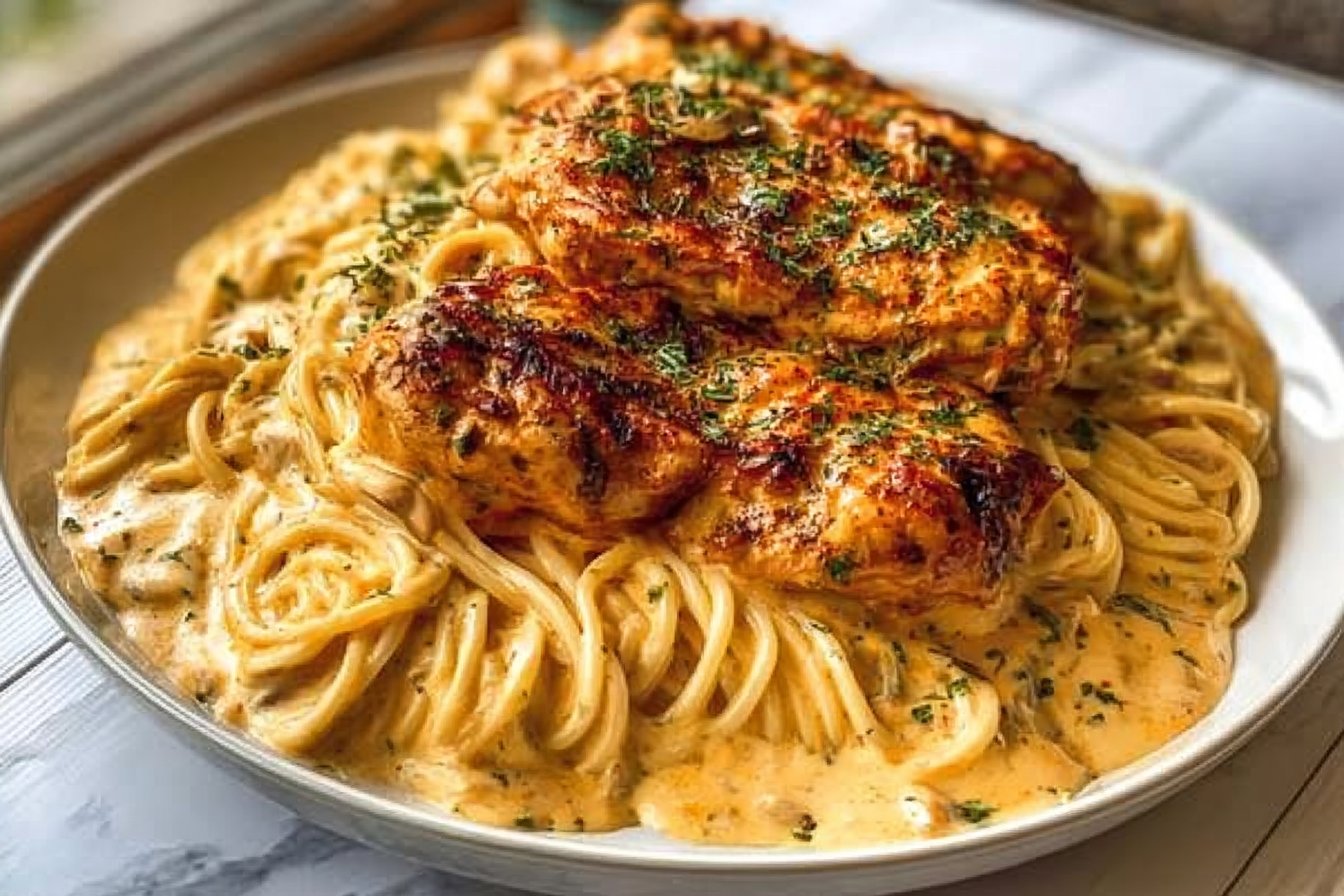 Cowboy Butter Chicken Spaghetti in Three-Cheese Cream