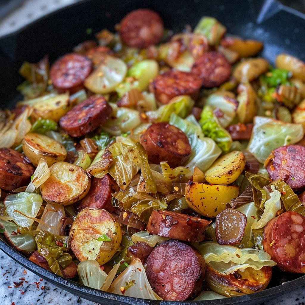 Fried Kielbasa and Cabbage with Roasted Potatoes