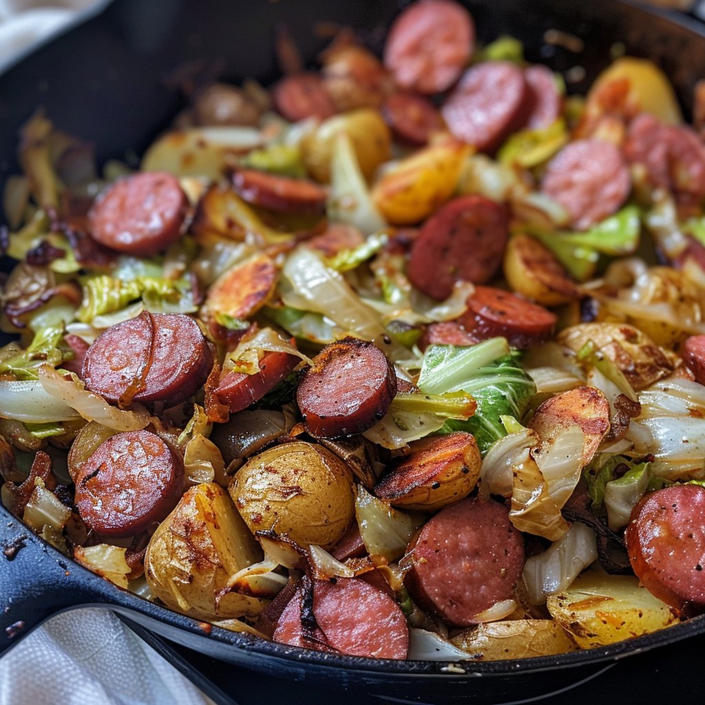 Fried Kielbasa and Cabbage with Roasted Potatoes