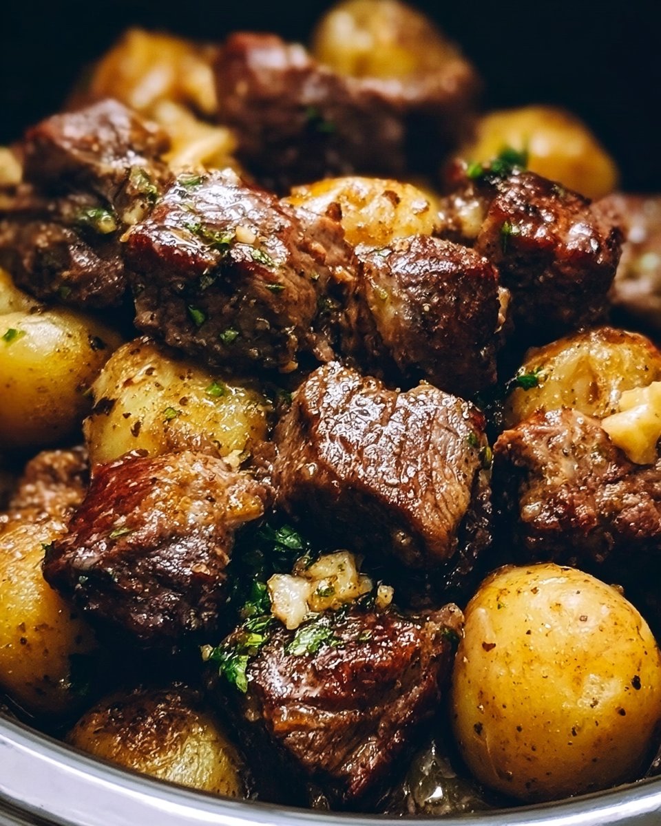 Slow Cooker Garlic Butter Beef Bites with Potatoes