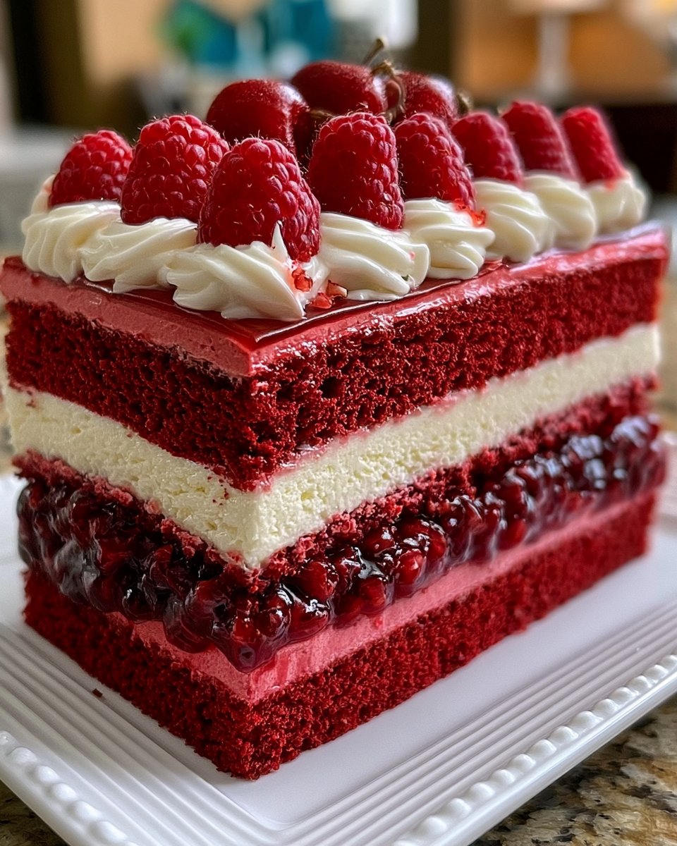 Raspberry Red Velvet Mousse Layer Cake (Full recipe in 💬)