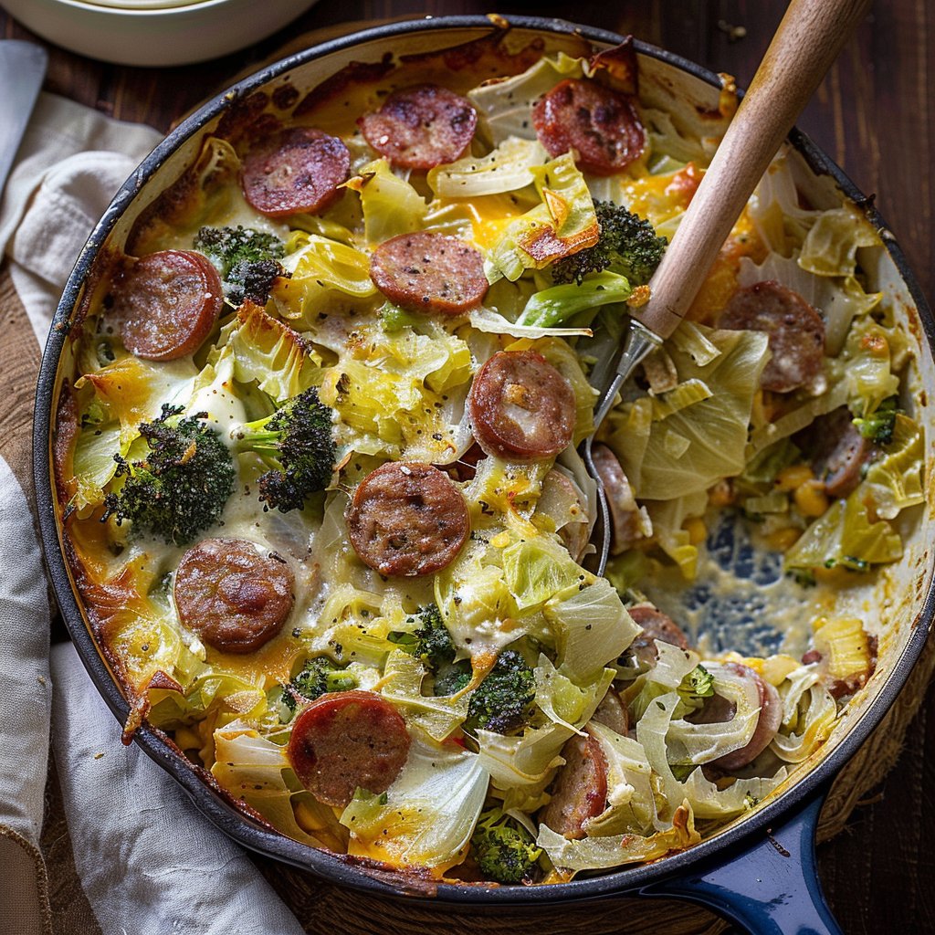 Cheesy Sausage Cabbage and Broccoli Bake