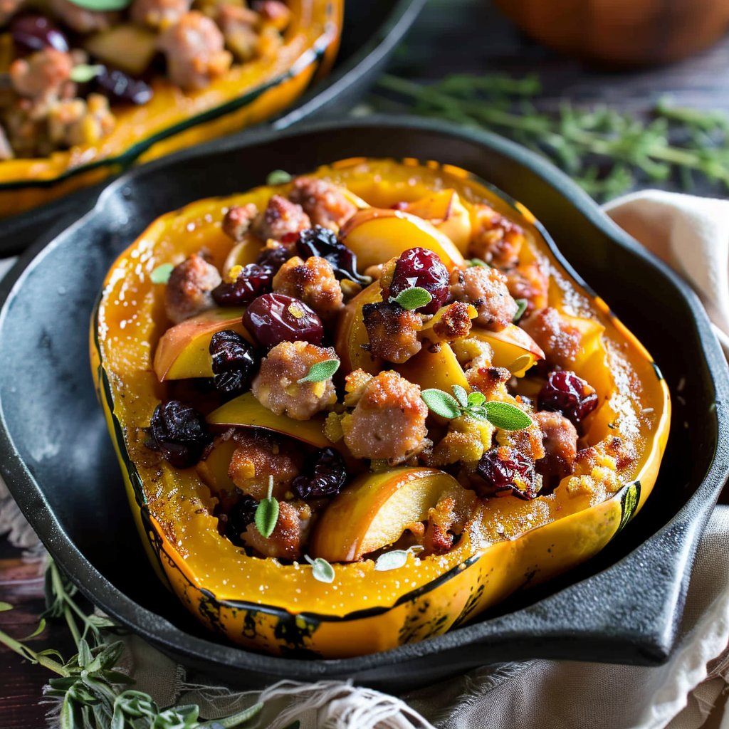 Stuffed Acorn Squash with Sausage, Apples, and Cranberries