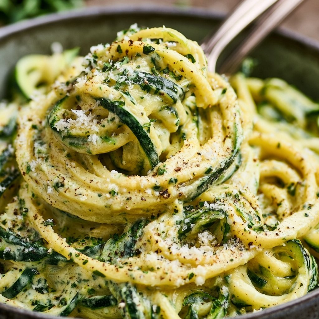 Zucchini-Spaghetti in cremiger Sauce