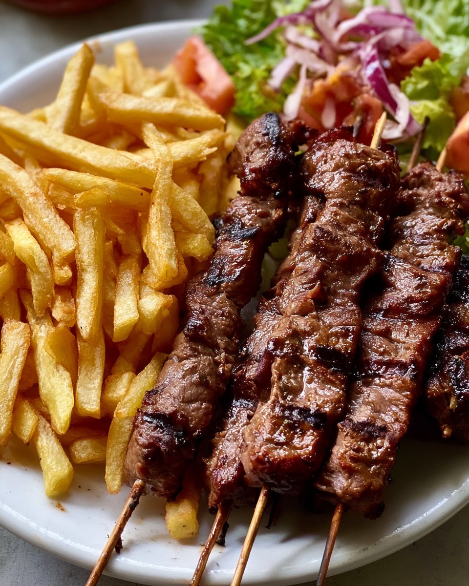 Grilled Beef Skewers with French Fries & Fresh Salad