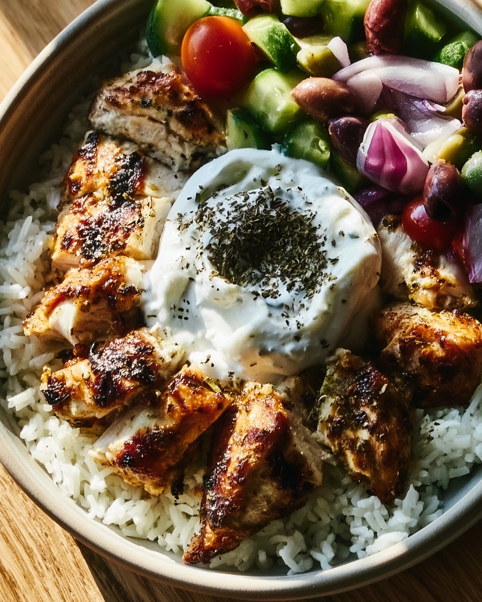 Hähnchen-Gyros-Schalen mit lockerem Reis und cremigem Tzatziki