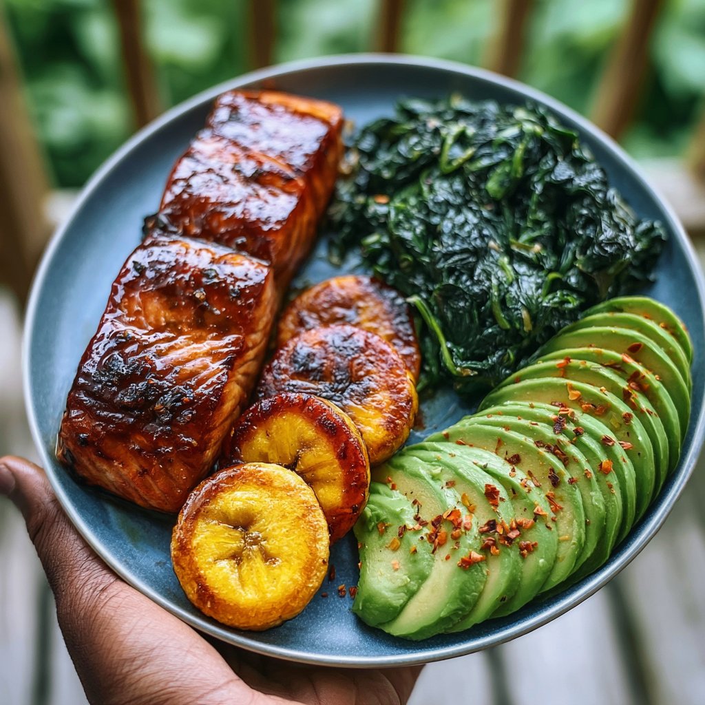 Herb-Glazed Salmon with Sweet Plantains, Sautéed Spinach & Avocado