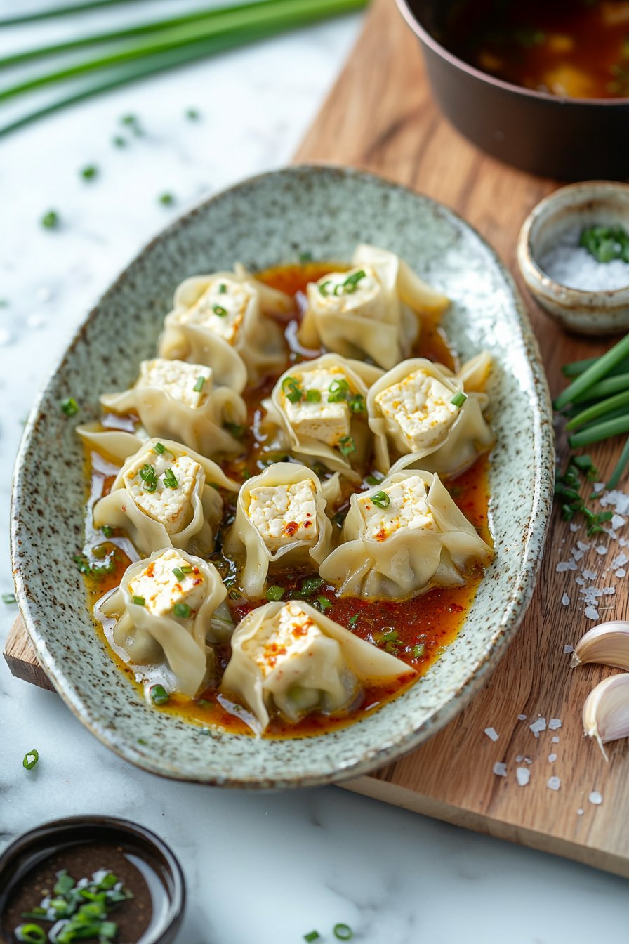 Vegan Tofu and Chive Wontons in Spicy Broth