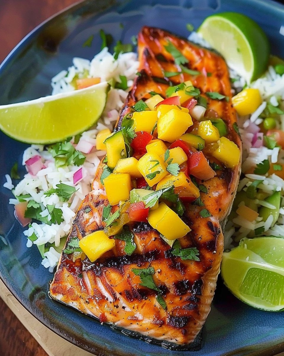 Grilled Salmon with Mango Salsa & Coconut Rice