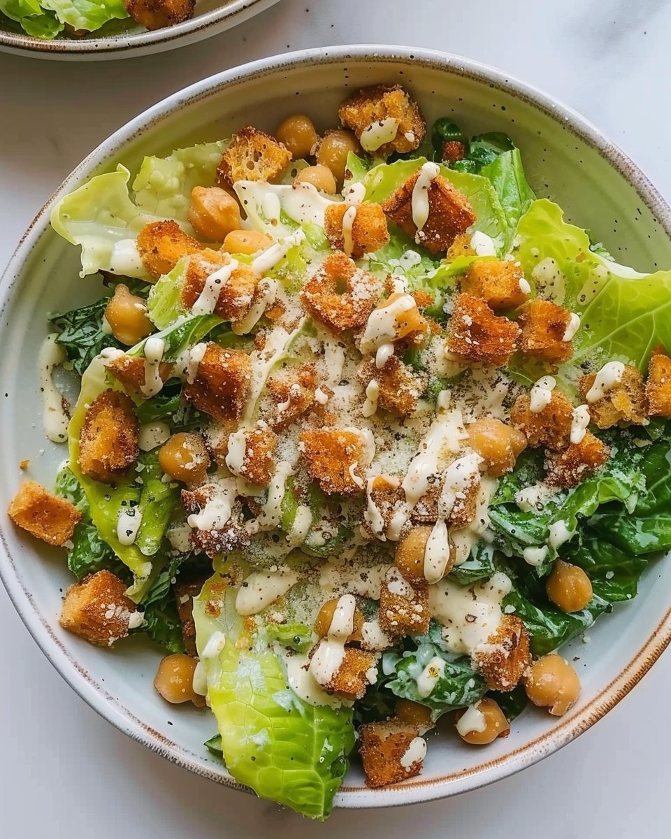 Simple Romaine Caesar Salad with Crispy Chickpea Croutons