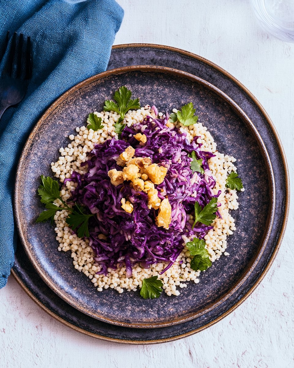 15-Minuten Rotkohl-Couscous mit Halloumi