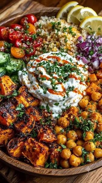 Roasted Sweet Potato & Chickpea Greek Bowl