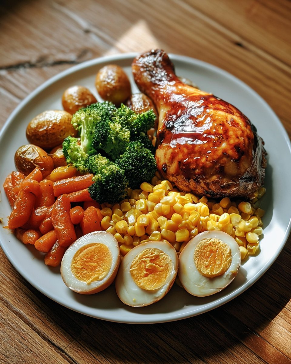 Honey Glazed Chicken Leg Quarter with Roasted Potatoes, Eggs & Veggies