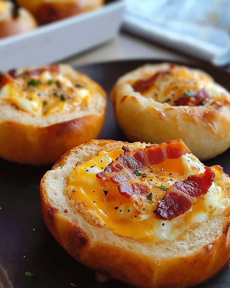 Gefüllte Frühstücksbrötchen mit Ei, Bacon und Käse