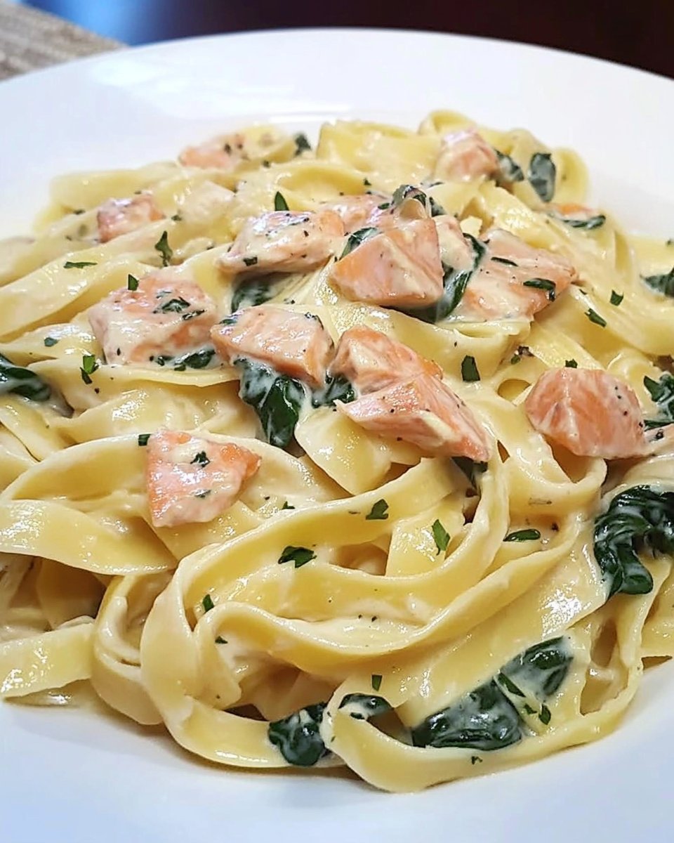 Tagliatelle with salmon-spinach-feta sauce