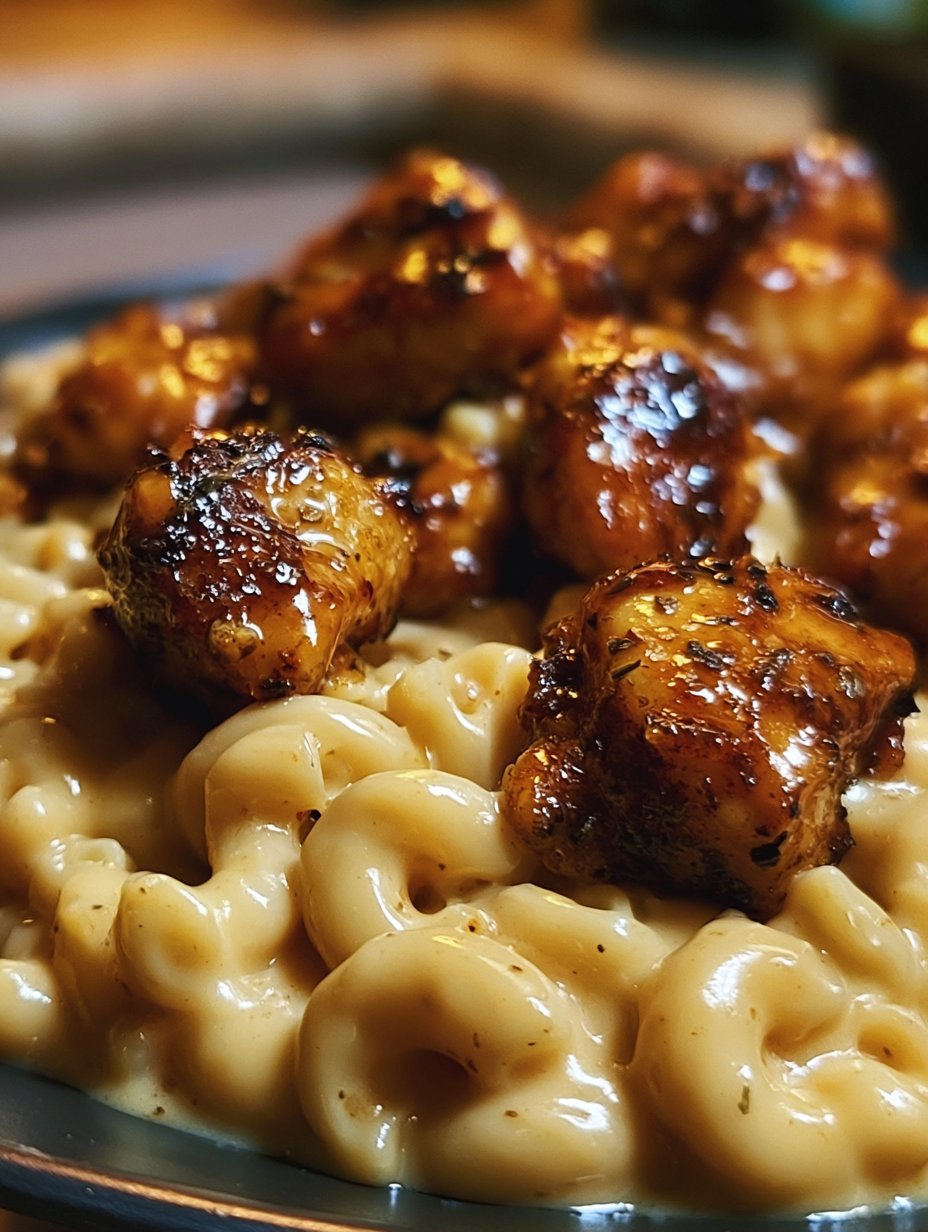 Pollo dulce y picante con miel y pimiento, acompañado de macarrones con queso cremosos.
