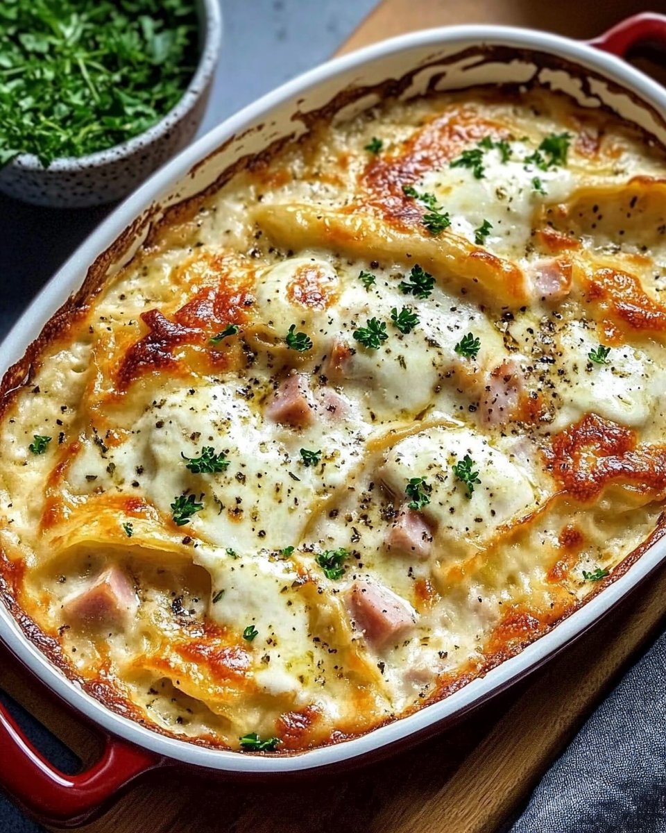Schnelle Maultaschen-Auflauf mit Schinken-Käse-Sahnesoße