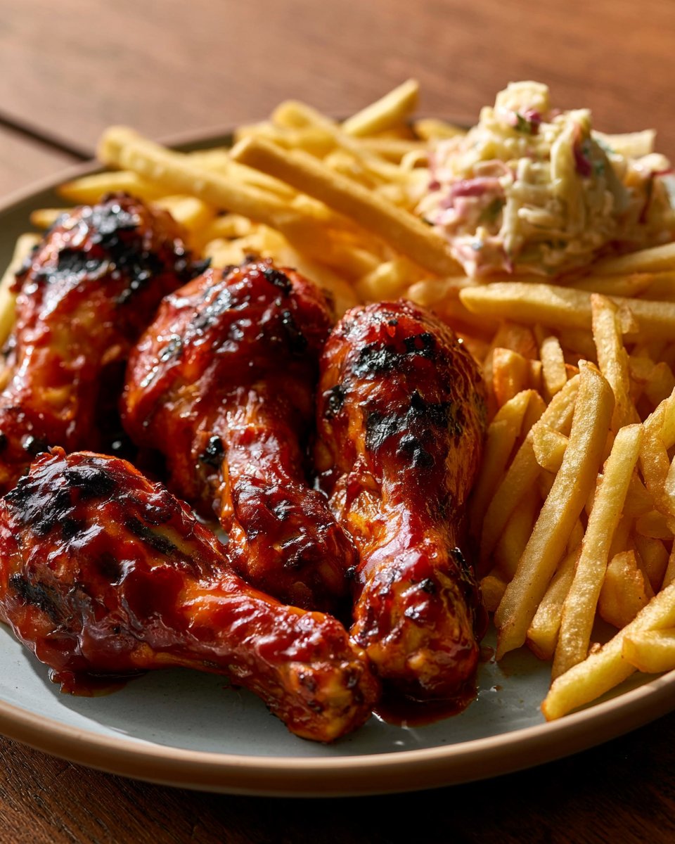 Sticky BBQ Chicken Drumsticks with Fries & Creamy Coleslaw