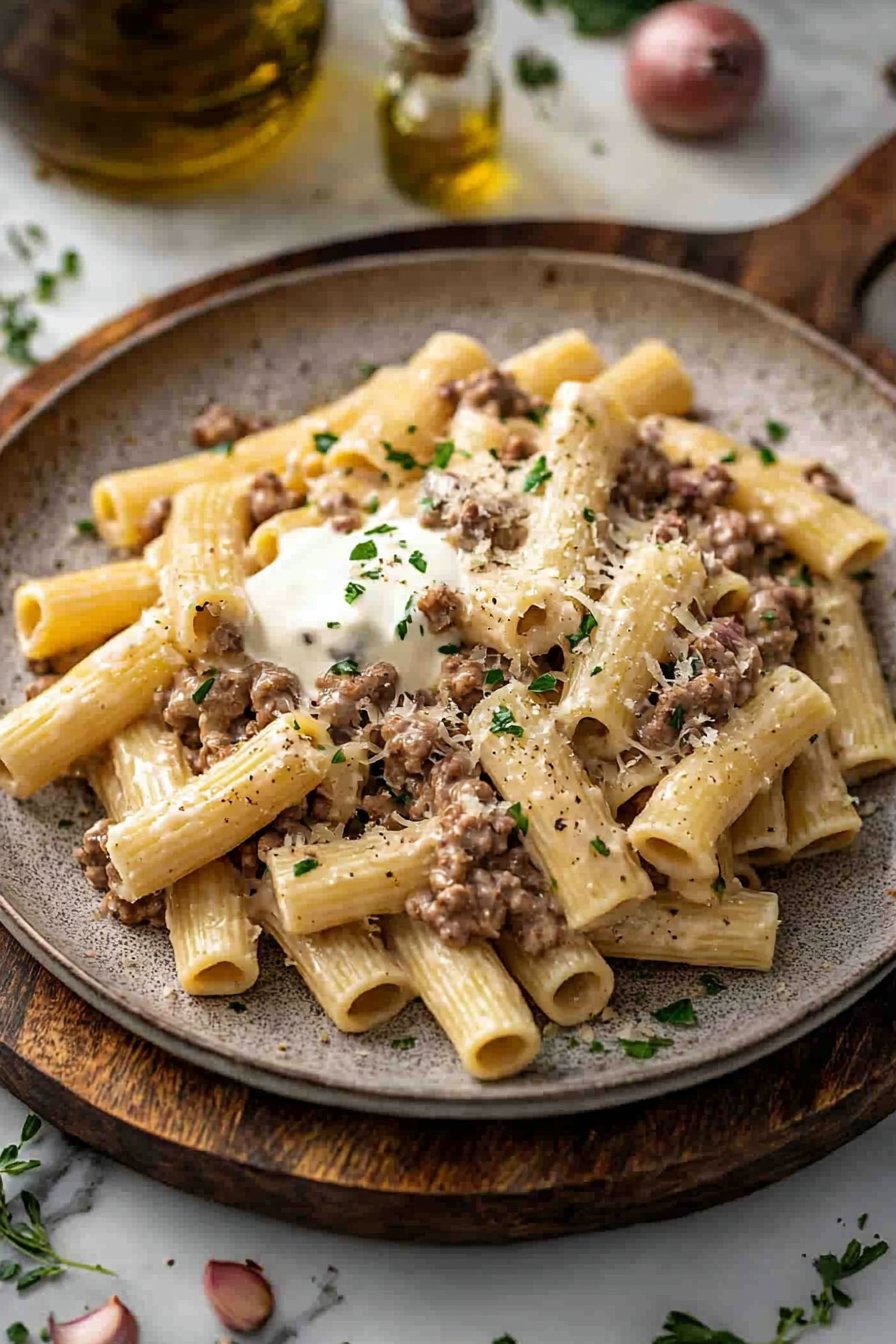 Cremige Rindfleisch Rigatoni Pasta