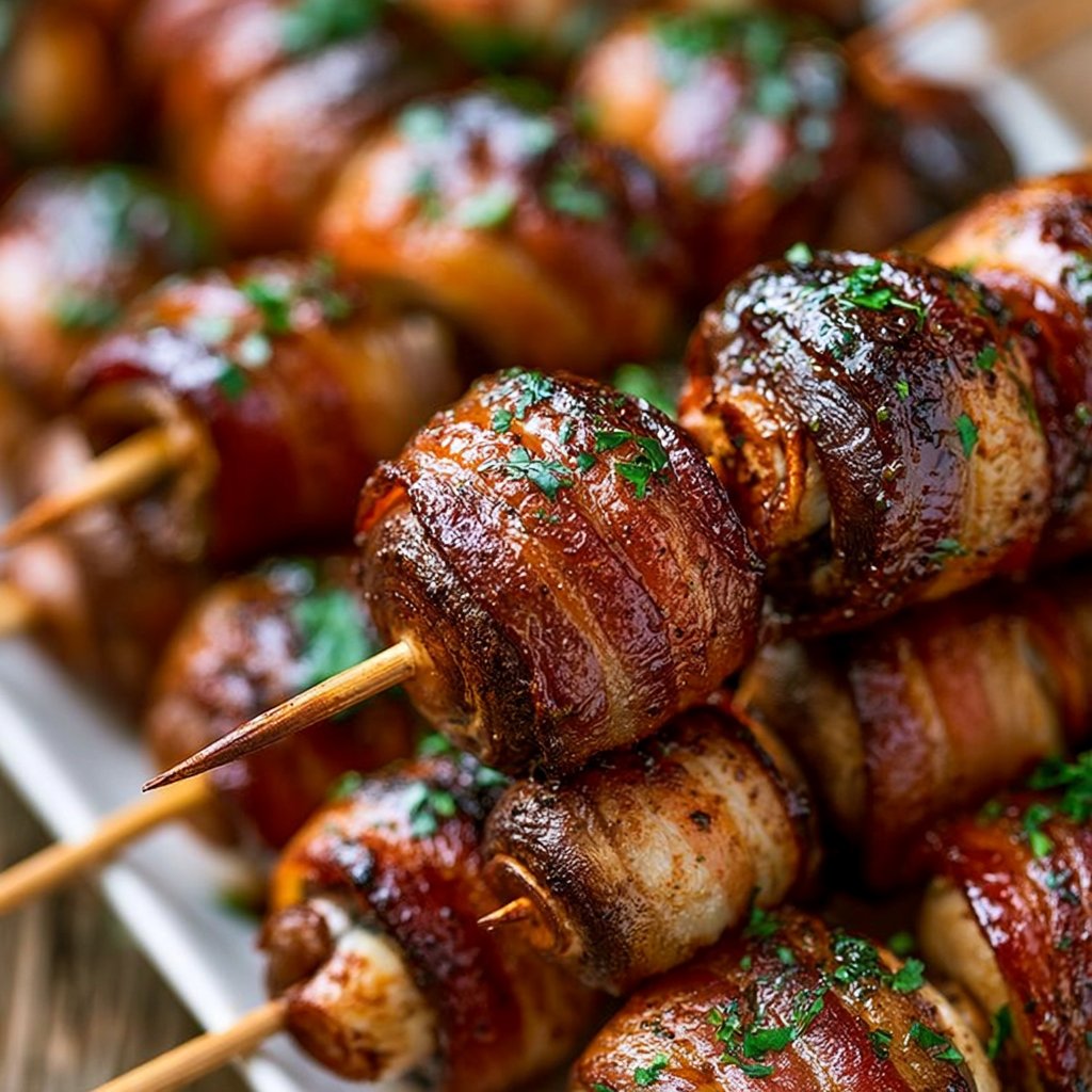 Herzhafte BBQ-Bacon-Champignon-Spieße