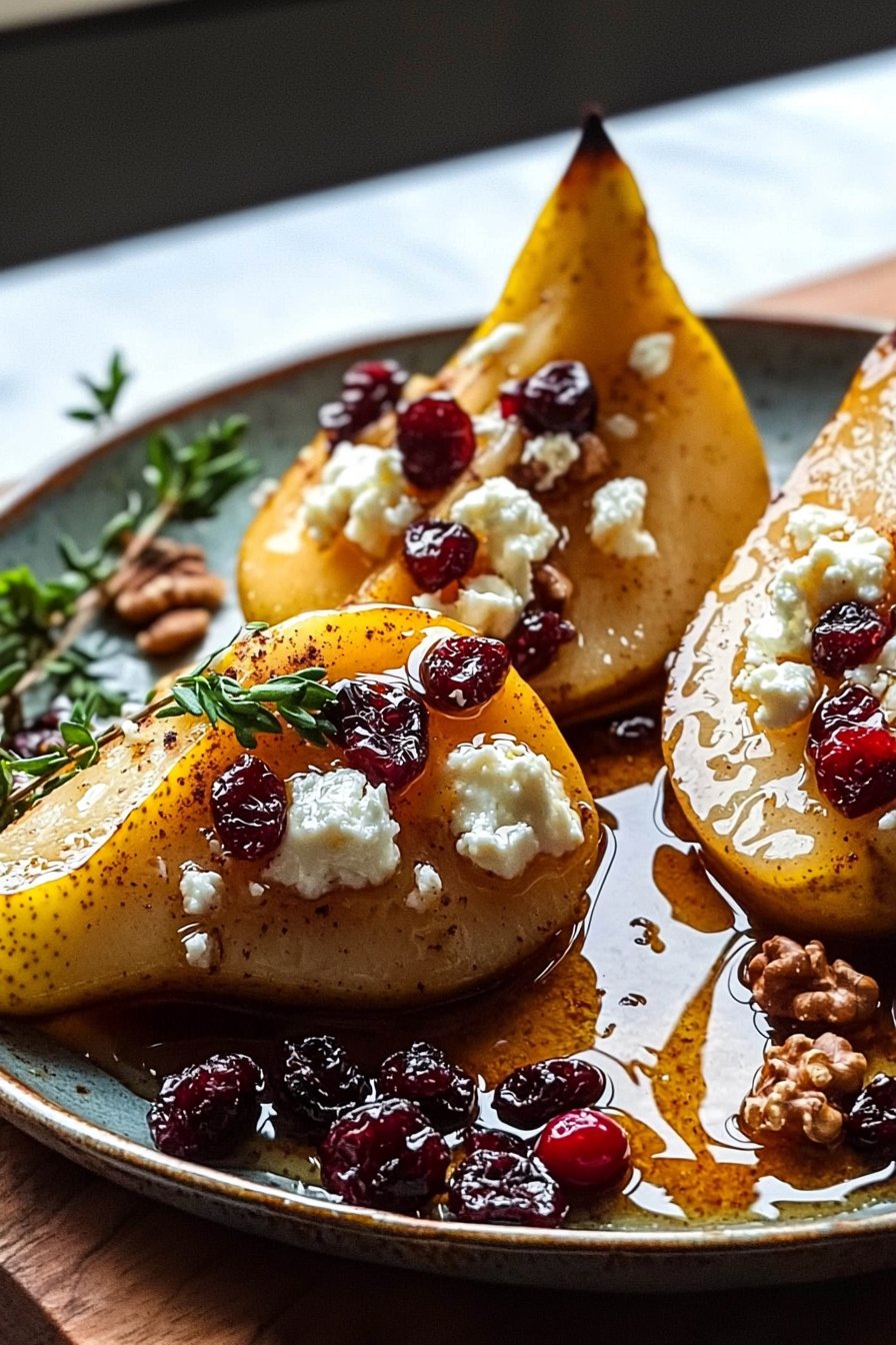 Baked Pears with Feta Honey and Cranberries
