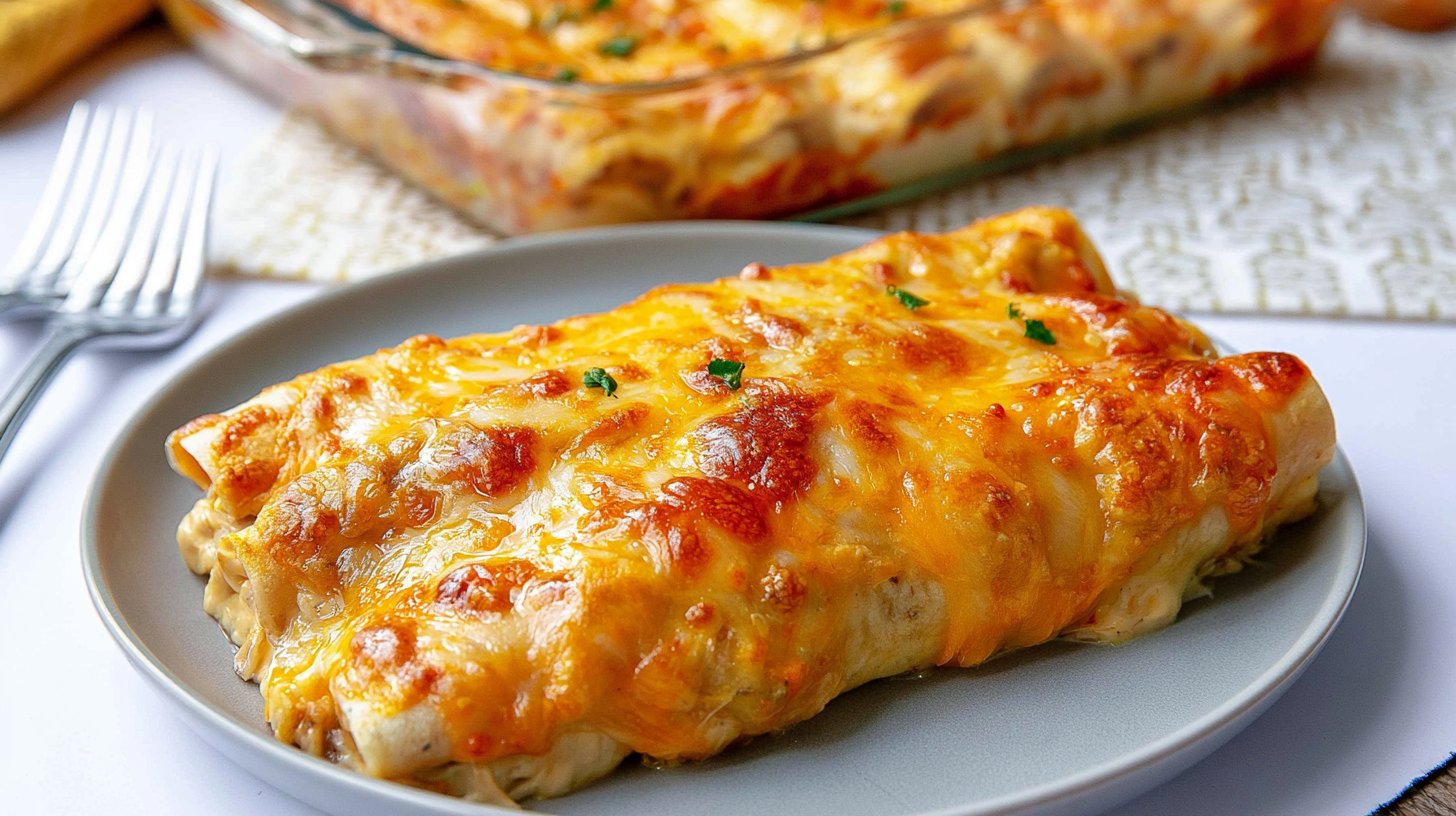 White Chicken Enchiladas with Green Chili Sour Cream Sauce