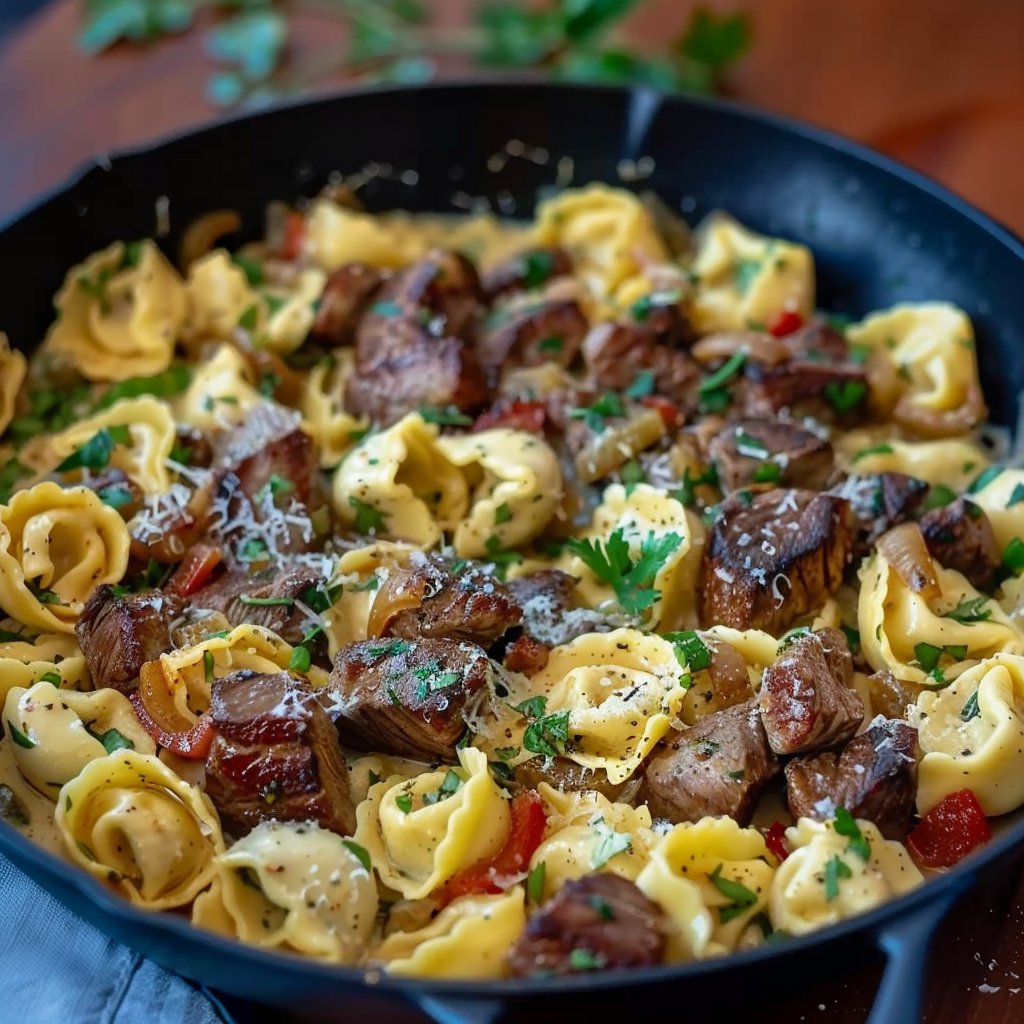 One Pot Garlic Parmesan Steak and Tortellini Skillet