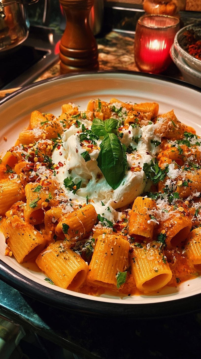 Würzige Burrata Rigatoni
