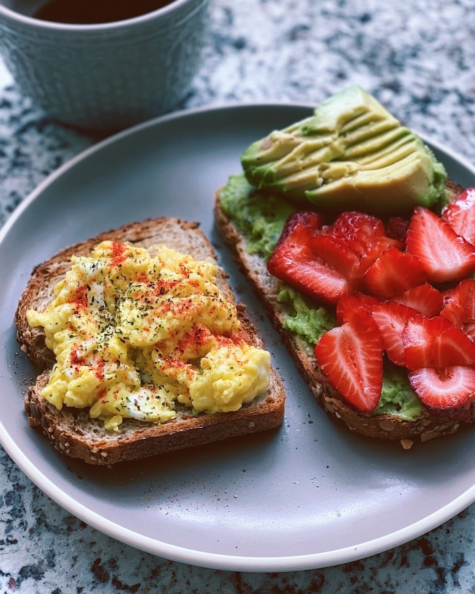 Avocado Toast with Scrambled Eggs and Strawberries