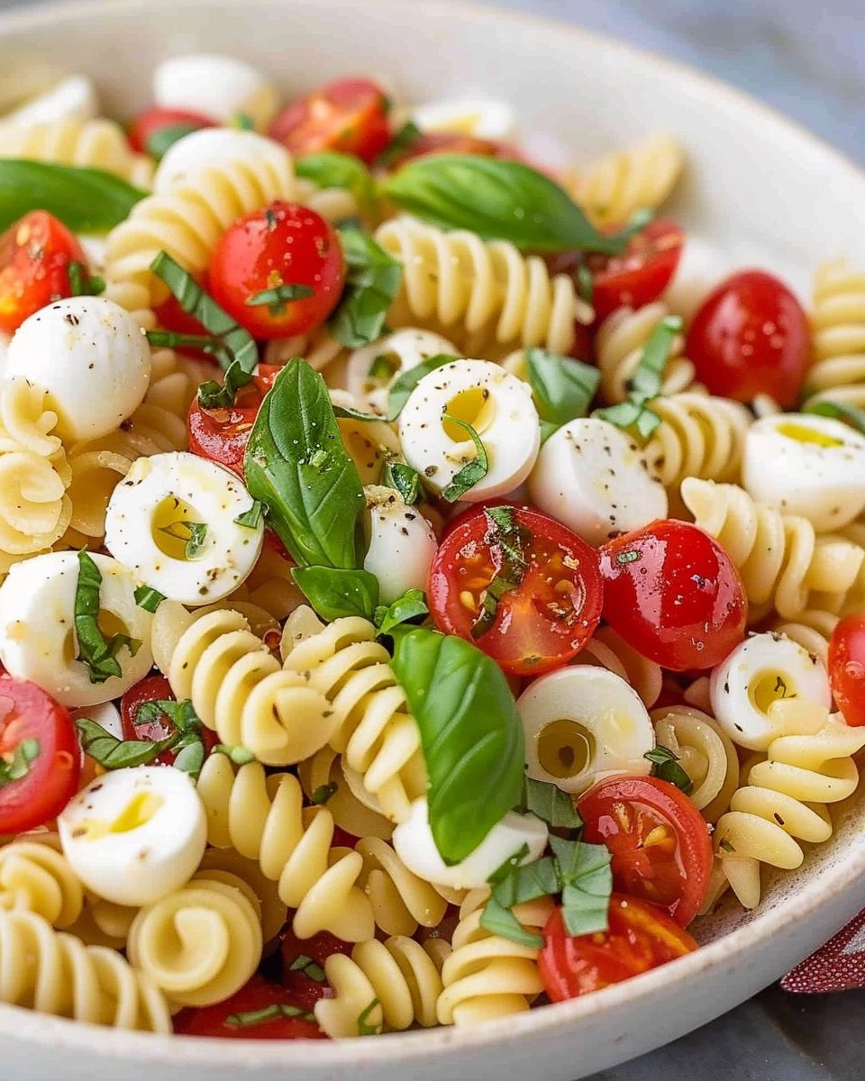 Caprese Pasta Salad with fresh basil, mozzarella pearls, and cherry tomatoes is delicious, filling and simple to make th… | Fresh mozzarella pearls, Mozzerella pasta, Pasta recipes summer