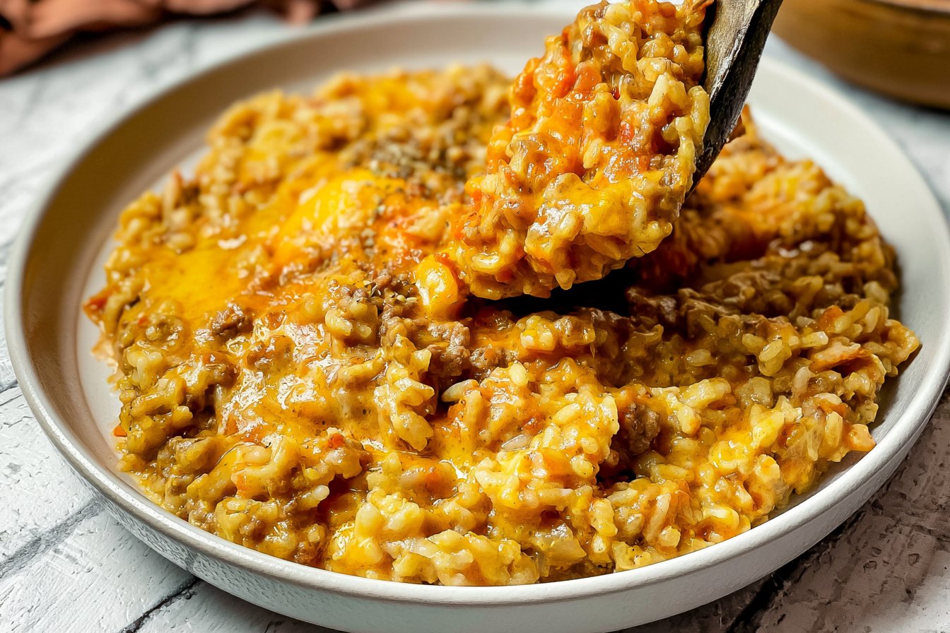 Cheesy Queso Ground Beef and Rice