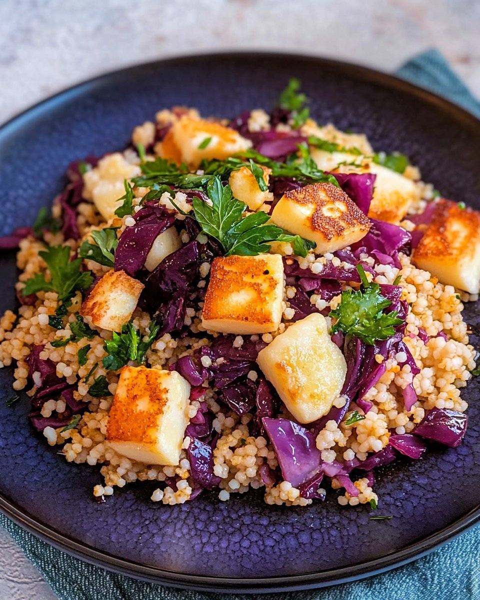 15-Minuten Rotkohl-Couscous mit Halloumi