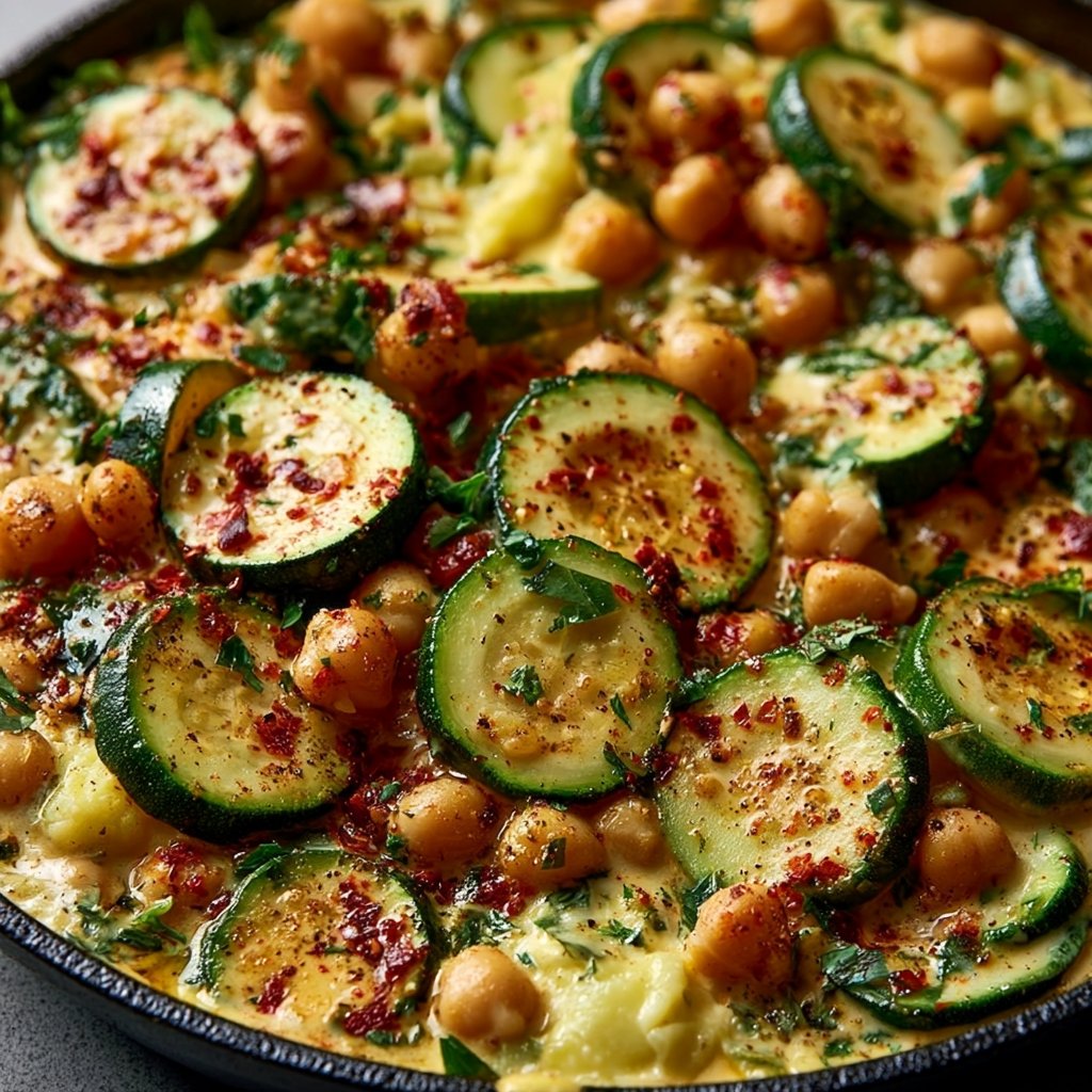 Cremige Knoblauch-Kichererbsen-Zucchini-Pfanne