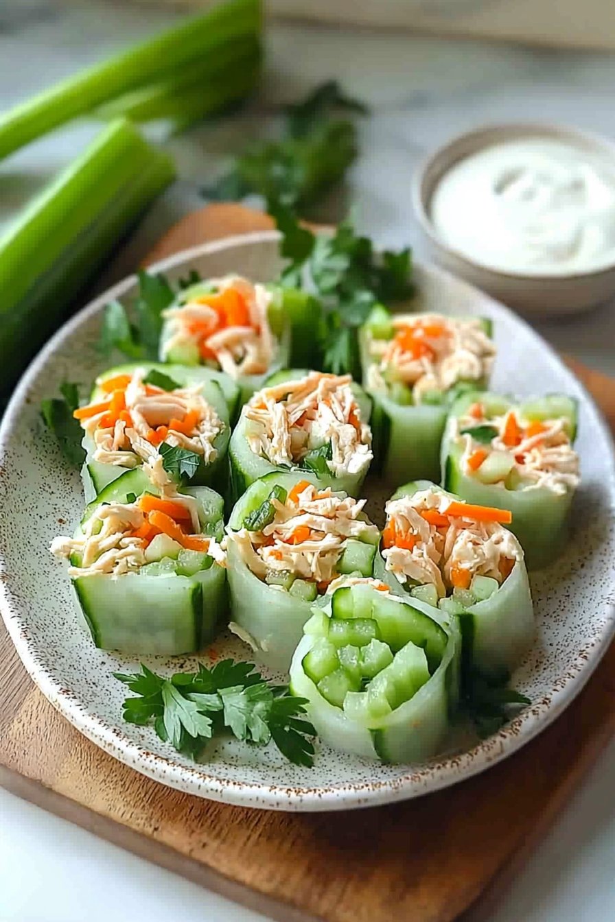 Healthy Buffalo Chicken Cucumber Rolls