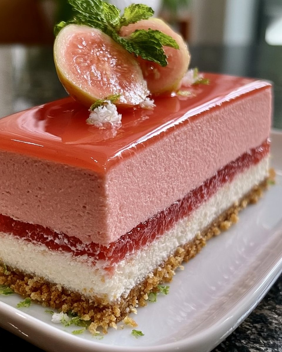 Tropical Pink Guava Coconut Mousse Slice with Glossy Guava Mirror Glaze (Full recipe in 💬)