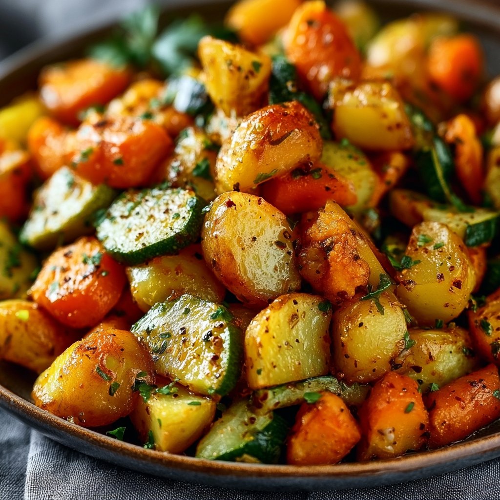 Gemüsepfanne mit Kartoffeln, Karotten und Zucchini