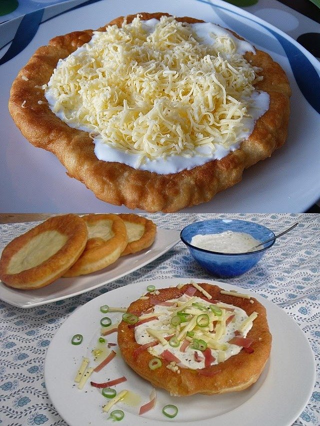 Ungarische Langos mit Knoblauchcreme und Käse