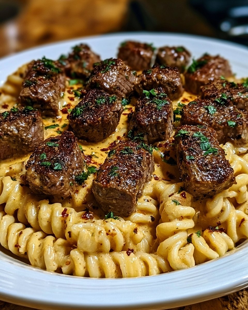 Creamy Garlic Butter Steak Bites with Spicy Cajun Alfredo Pasta