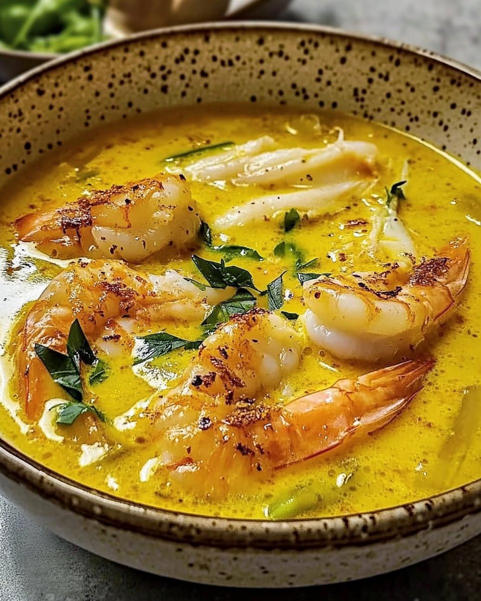 Safransuppe mit Fischquenellen und Garnelen