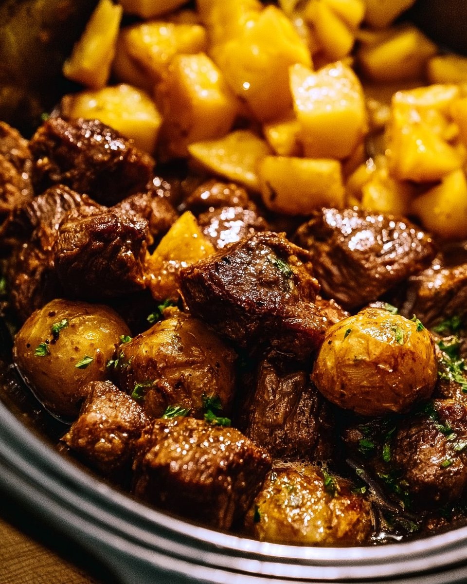 Slow Cooker Garlic Butter Beef Bites with Potatoes