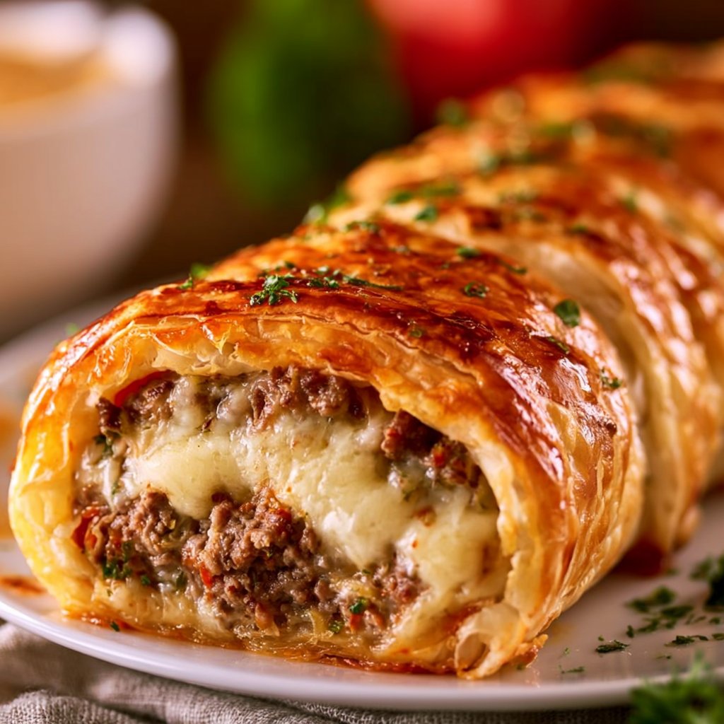 Knusprige Hackfleisch Käse Rolle aus Blätterteig