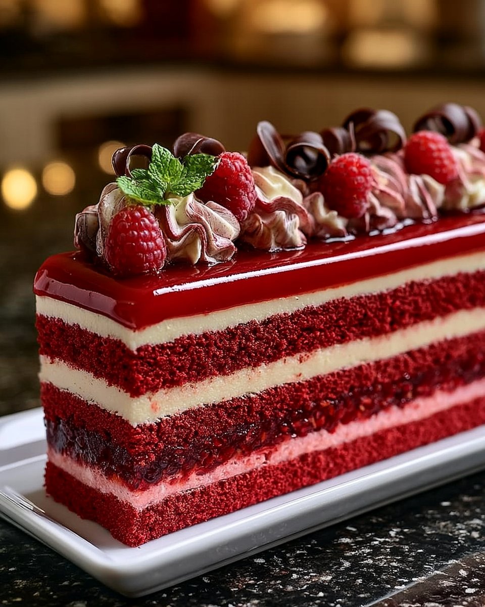 Raspberry Red Velvet Mousse Layer Cake (Full recipe in 💬)