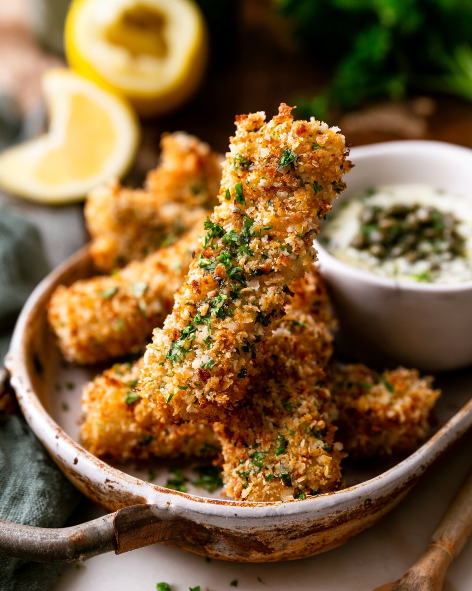 Baked Fish Sticks with Lemon Caper Sauce