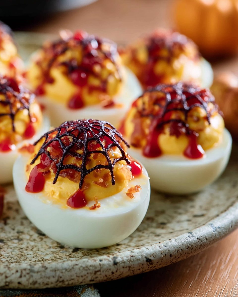 Creative Spider Web Deviled Eggs Recipe with Black Olive Sriracha Drizzle Perfect for Halloween Party