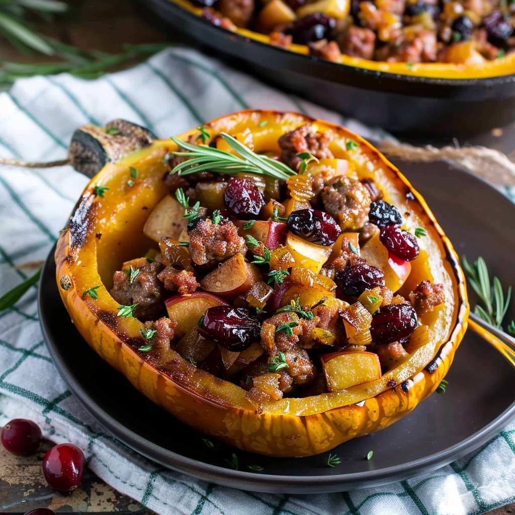 Stuffed Acorn Squash with Sausage, Apples, and Cranberries