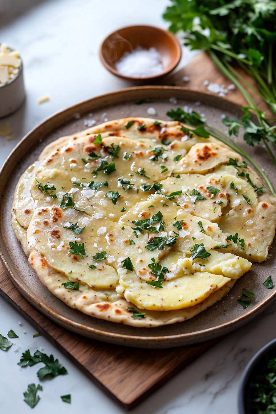 Soft Potato Flatbread with Fresh Herbs and Vegan Cheese