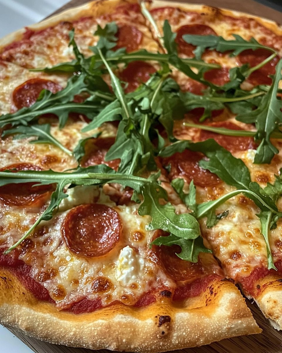 Pizza with cottage cheese and arugula
