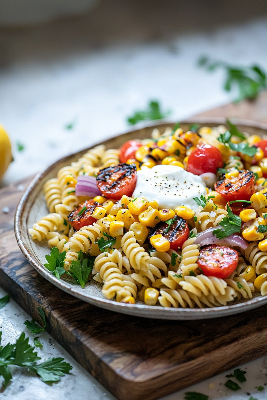 Grilled Corn Pasta Salad with Greek Yogurt
