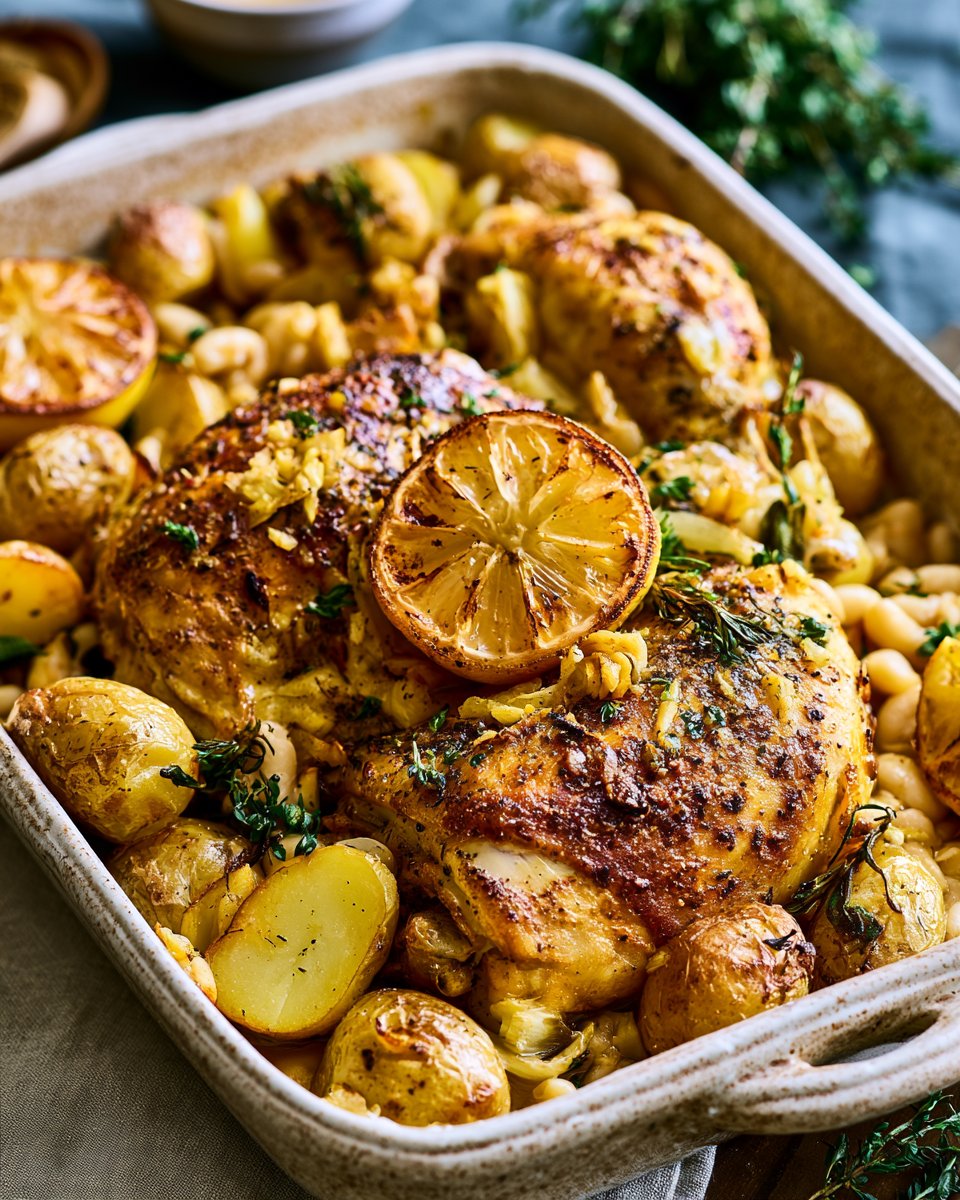Oven Roasted Chicken with Potatoes and White Beans