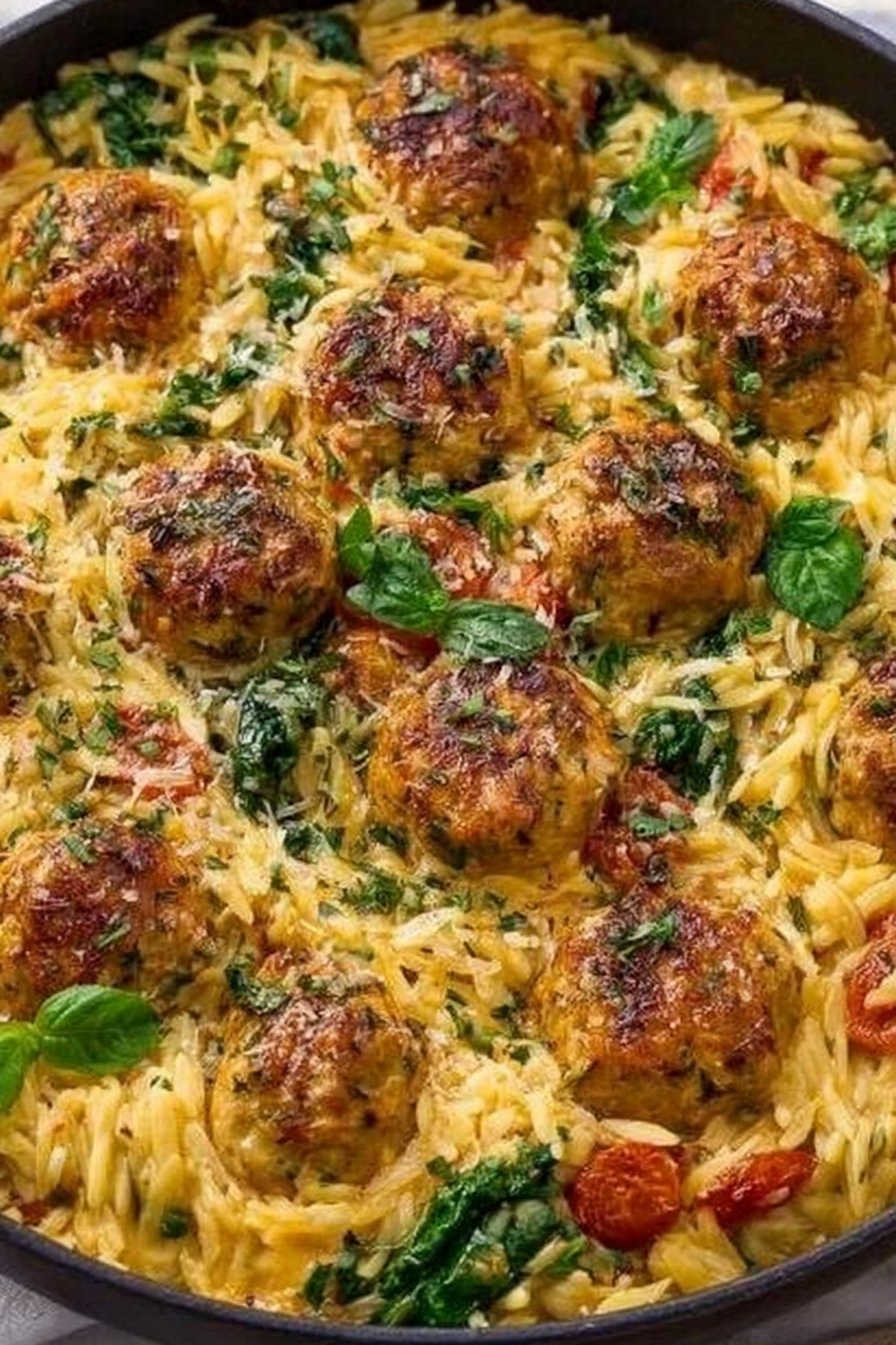 Tuscan Chicken Meatballs and Orzo